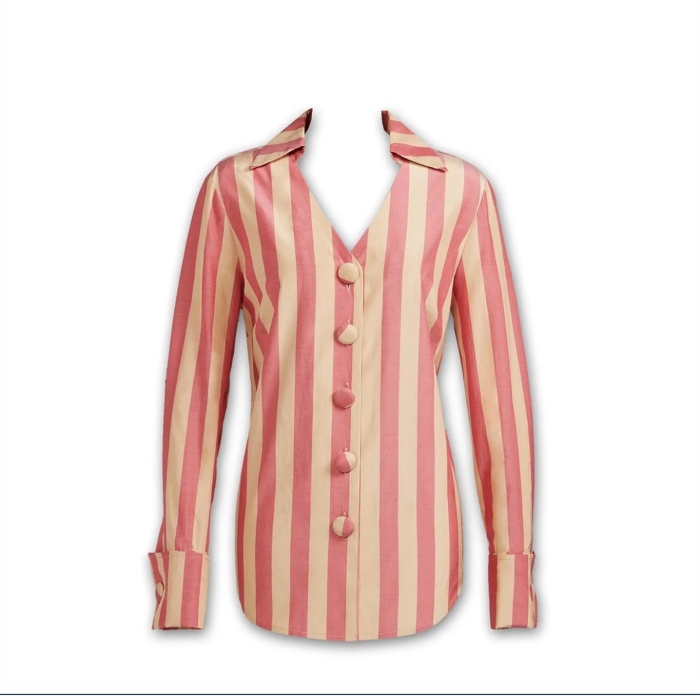 J. Peterman Pink and Cream Striped Taffeta Blouse Size 6